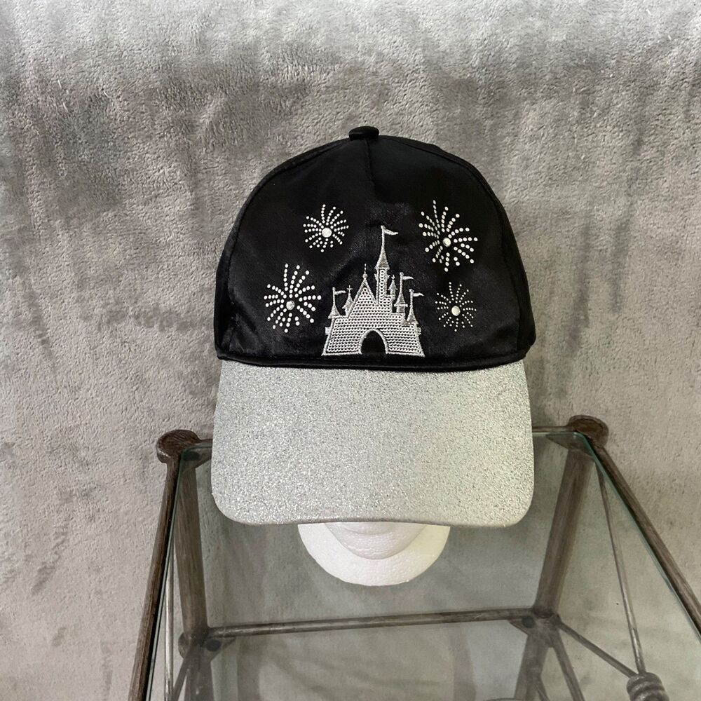 Disney Parks Cinderella's Castle Adult Sparkle Satin Hat Cap Strapback black/sil